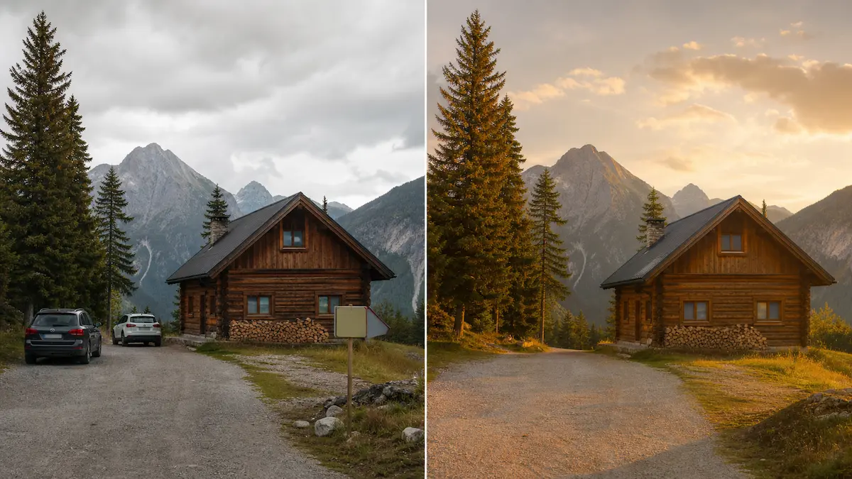 Before and after AI photo edit of a mountain cabin, with parked cars and a road sign removed under golden-hour lighting