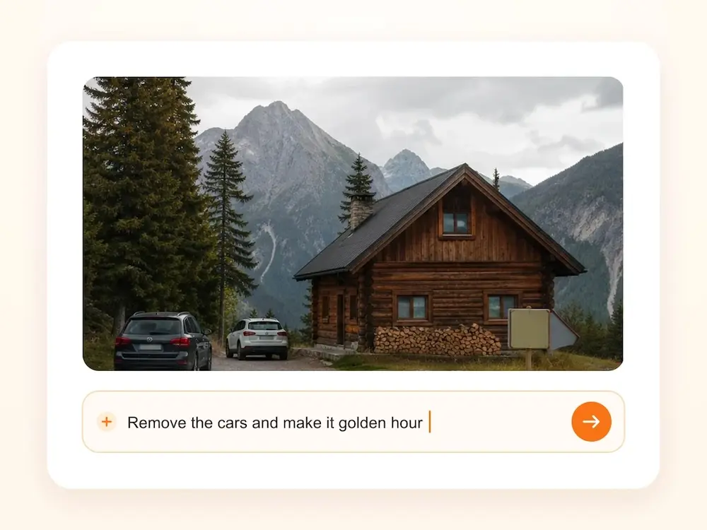 An AI photo editor with a natural-language editing instruction ready to submit